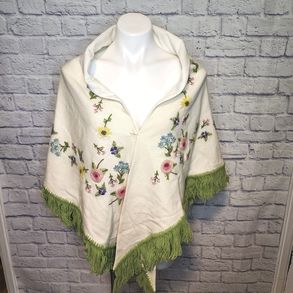 Vintage Piano Shawl Wrap Cream Wool Handmade Multicolor Embroidered Flowers Flaw